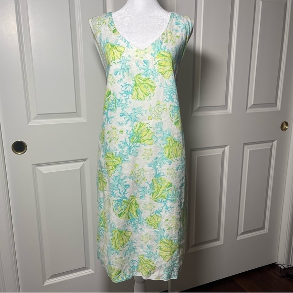 J. Jill Love Linen Coral Reef and Turtle Dress Sleeveless V-Neck Lined Large - Picture 2 of 15